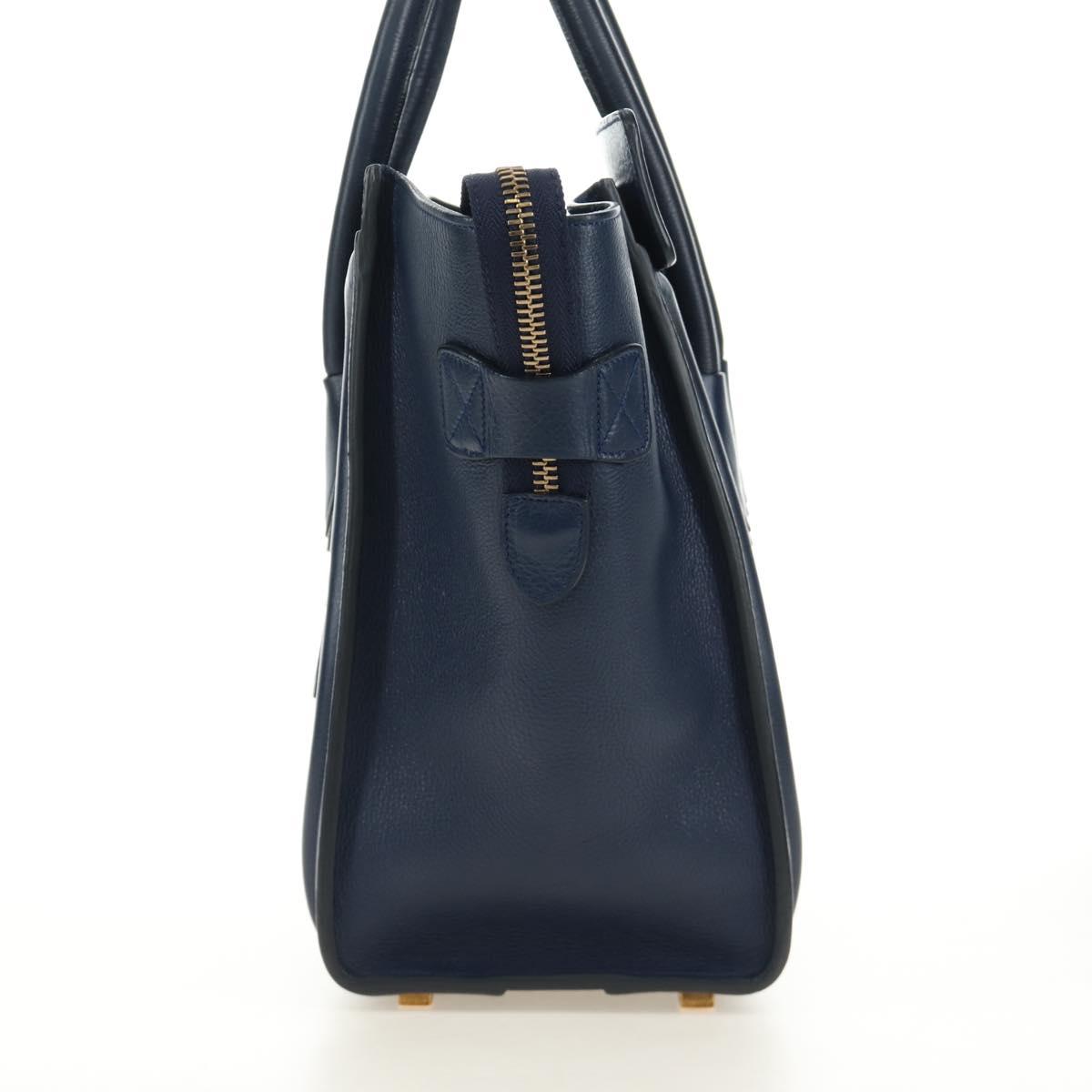 CELINE Luggage Micro Shopper Hand Bag Leather Navy Gold Auth 184734V