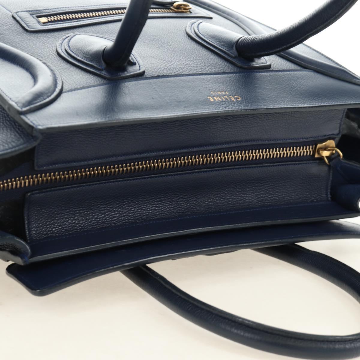 CELINE Luggage Micro Shopper Hand Bag Leather Navy Gold Auth 184734V