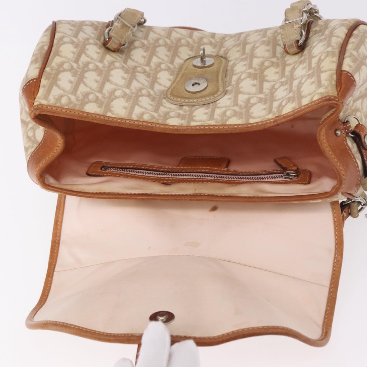 Christian Dior Trotter Canvas Romantic Chain Hand Bag Ivory Silver Auth 184735A