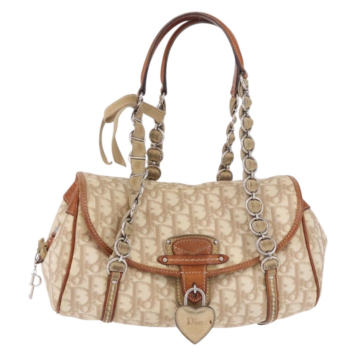 Christian Dior Trotter Canvas Romantic Chain Hand Bag Ivory Silver Auth 184735A