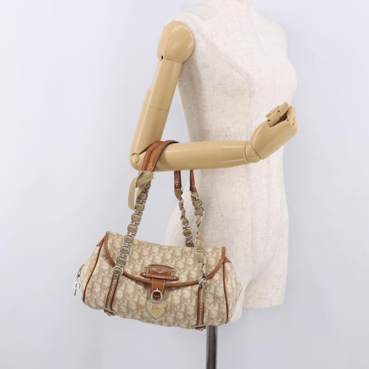 Christian Dior Trotter Canvas Romantic Chain Hand Bag Ivory Silver Auth 184735A