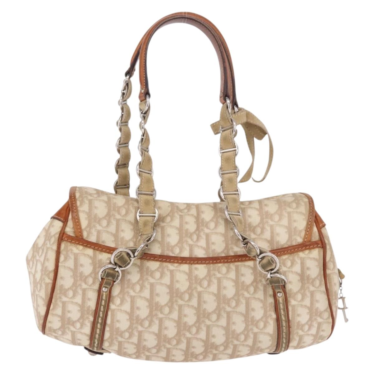 Christian Dior Trotter Canvas Romantic Chain Hand Bag Ivory Silver Auth 184735A