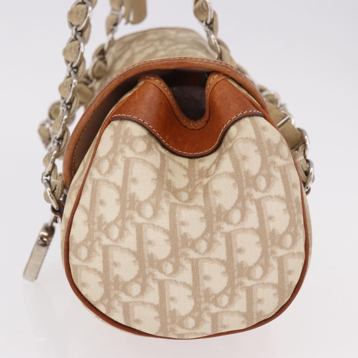 Christian Dior Trotter Canvas Romantic Chain Hand Bag Ivory Silver Auth 184735A