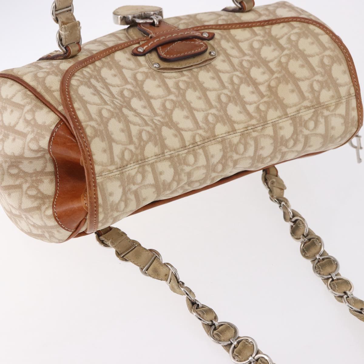 Christian Dior Trotter Canvas Romantic Chain Hand Bag Ivory Silver Auth 184735A