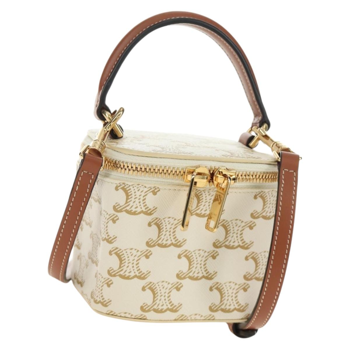 CELINE Triomphe Vanity Shoulder Bag PVC 2way White Gold Auth 184750SAM