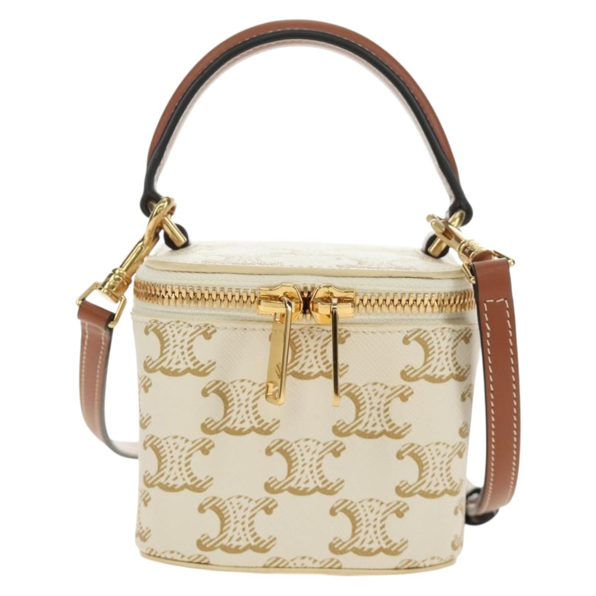 CELINE Triomphe Vanity Shoulder Bag PVC 2way White Gold Auth 184750SAM