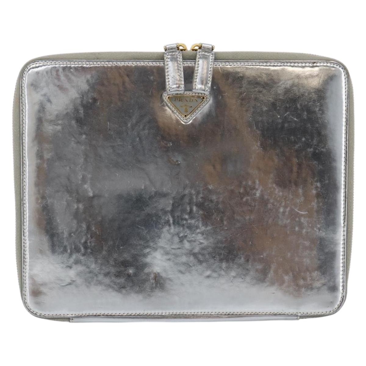 PRADA Clutch Bag Patent leather Silver Gold Auth 184773