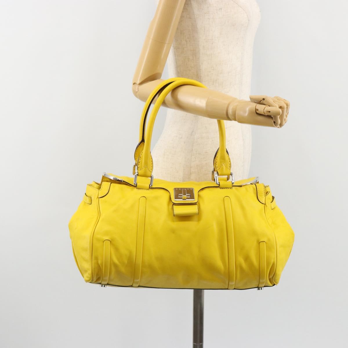 CELINE Hand Bag Leather Yellow Silver Auth 184774