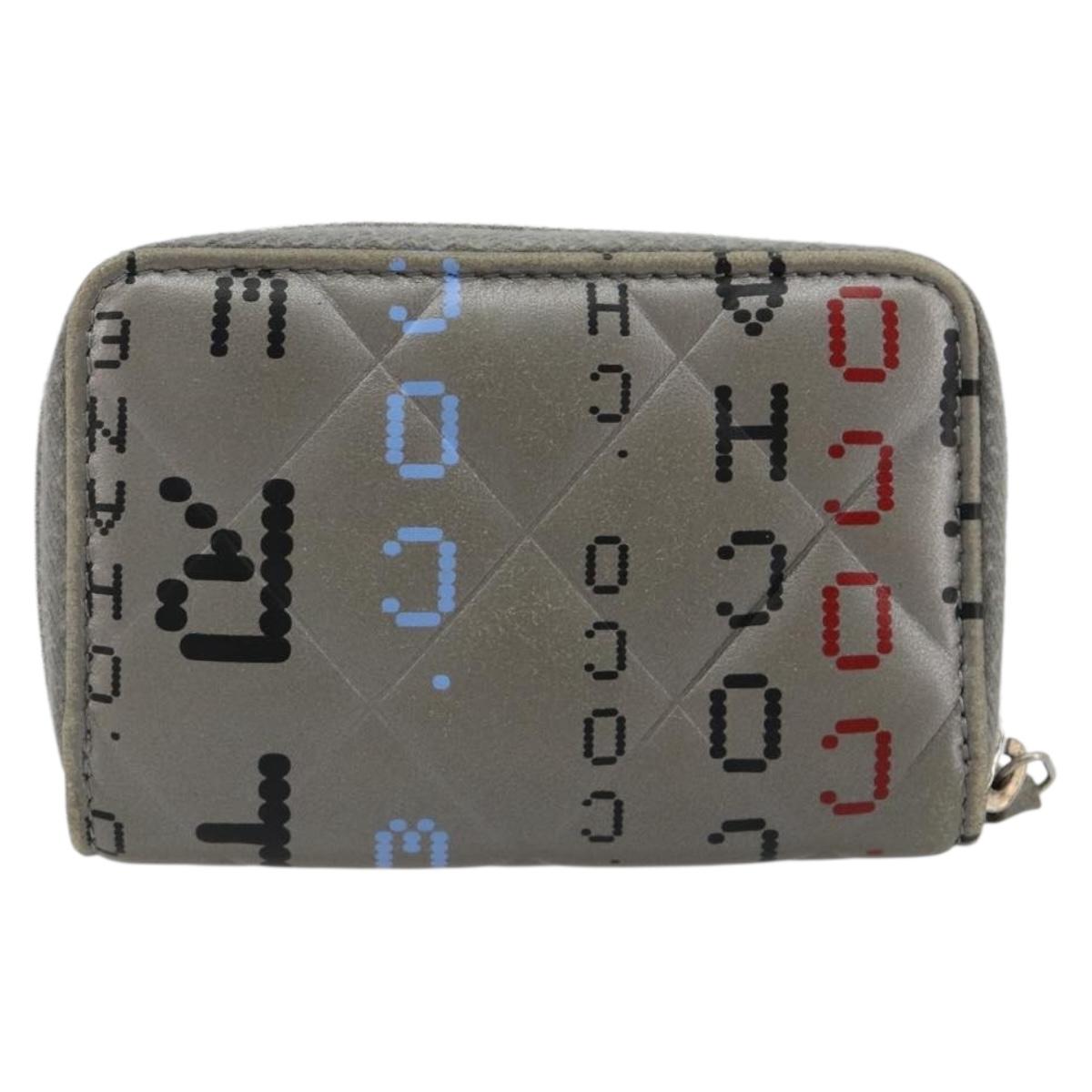 CHANEL Matelasse Typography Coin Purse Lamb Skin Gray Silver CC Auth 184786A