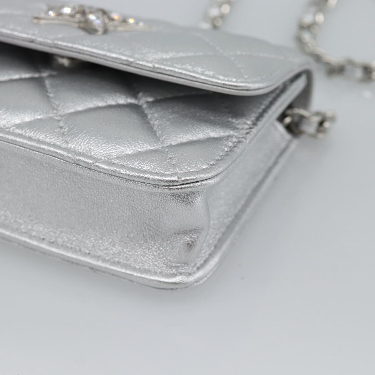 CHANEL Matelasse Chain Shoulder Bag Lamb Skin Silver CC Auth 184788SAM