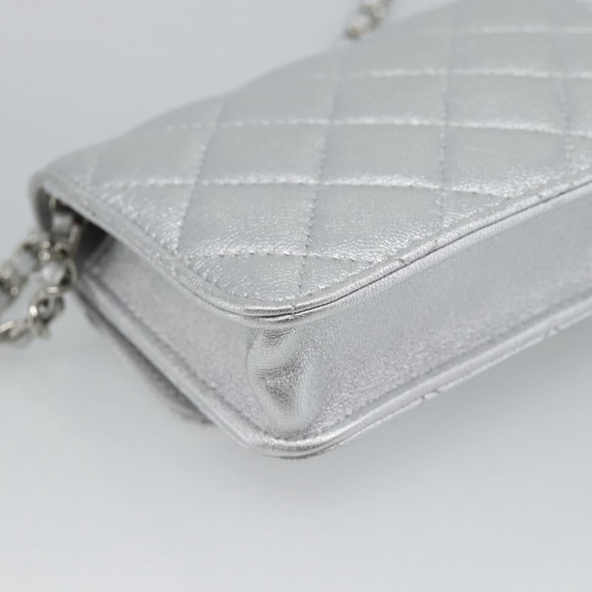 CHANEL Matelasse Chain Shoulder Bag Lamb Skin Silver CC Auth 184788SAM