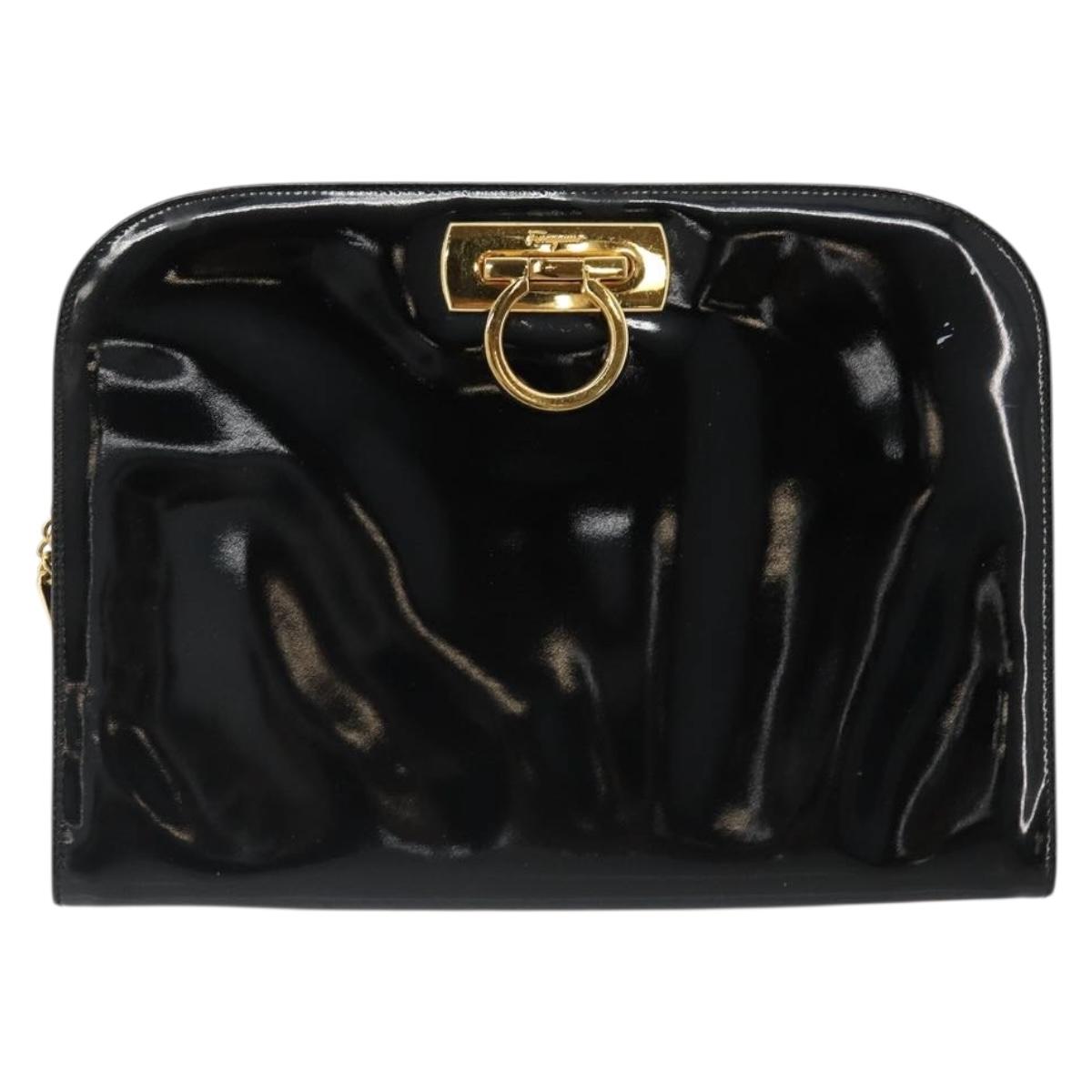 Salvatore Ferragamo Gancini Chain Bag Patent leather Black Gold Auth 184797