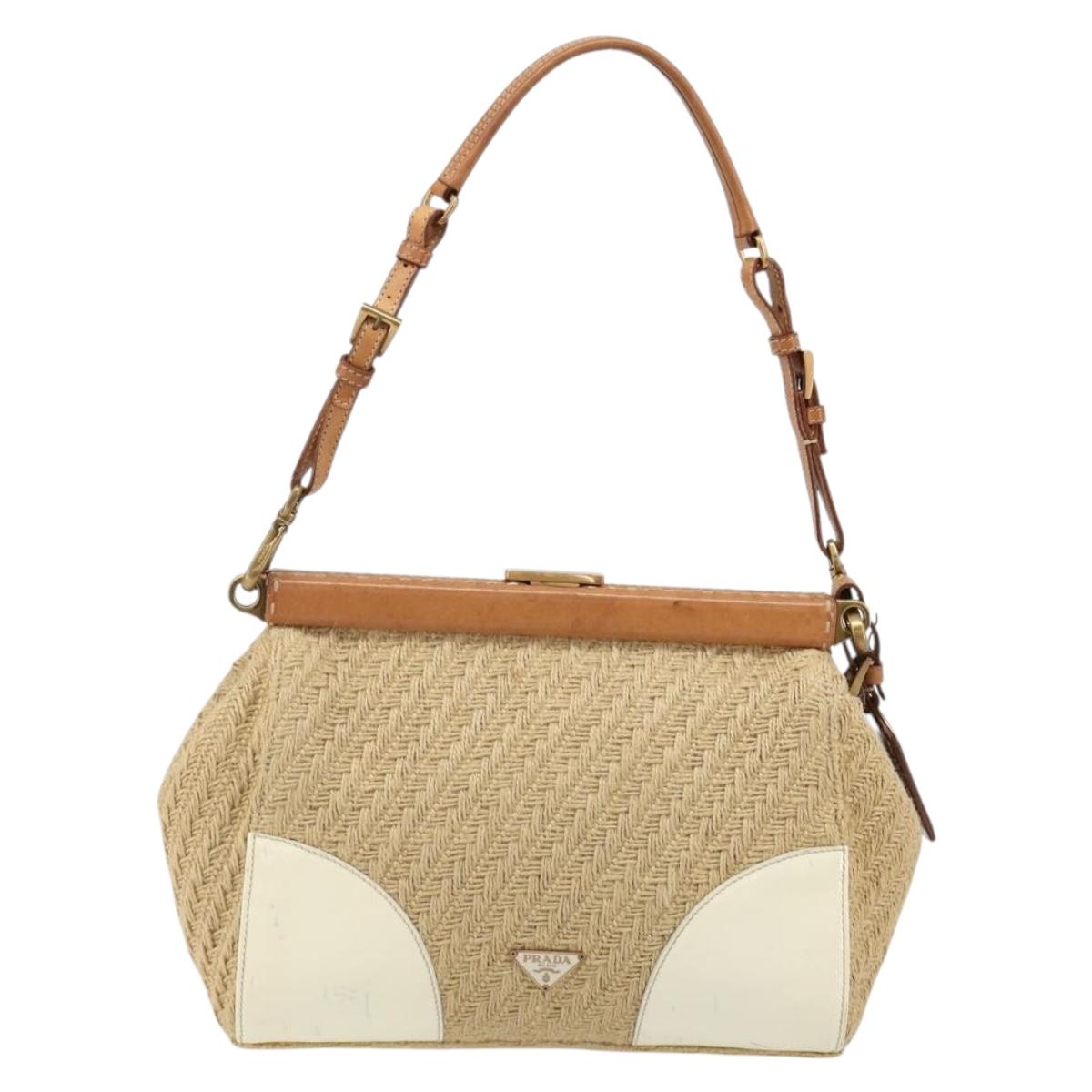 PRADA Shoulder Bag Raffia Beige Gold Auth 184813A