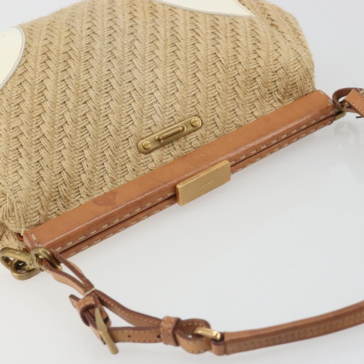 PRADA Shoulder Bag Raffia Beige Gold Auth 184813A