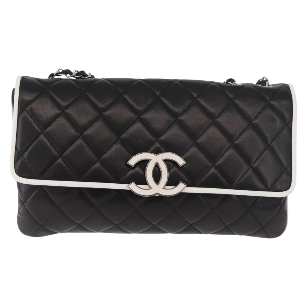 CHANEL Chain Matelasse Shoulder Bag Lamb Skin Black Silver CC Auth 184814SAV