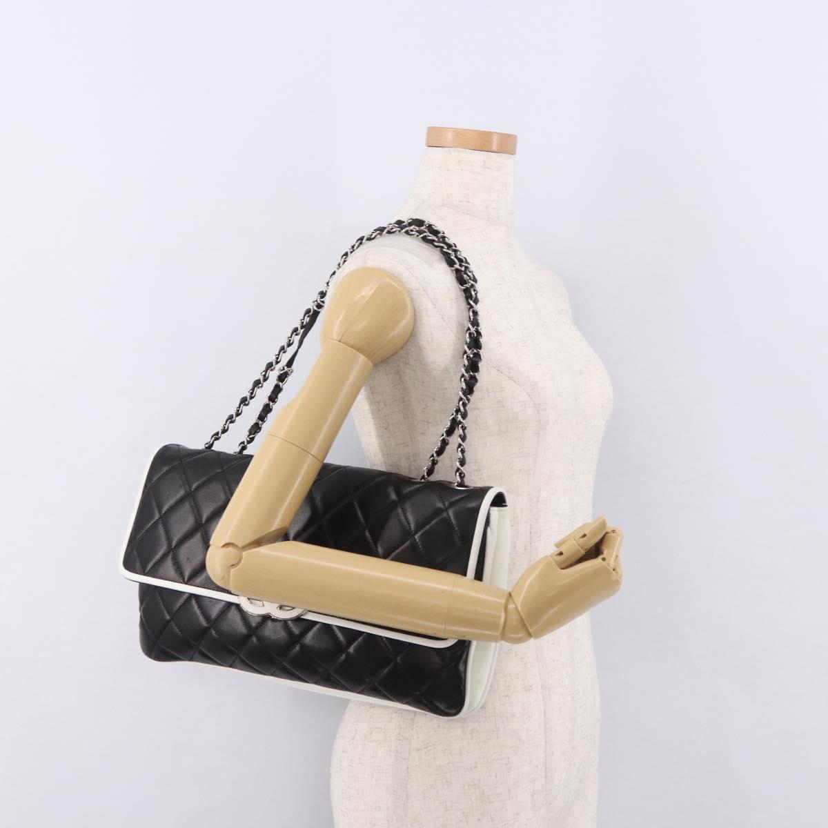 CHANEL Chain Matelasse Shoulder Bag Lamb Skin Black Silver CC Auth 184814SAV