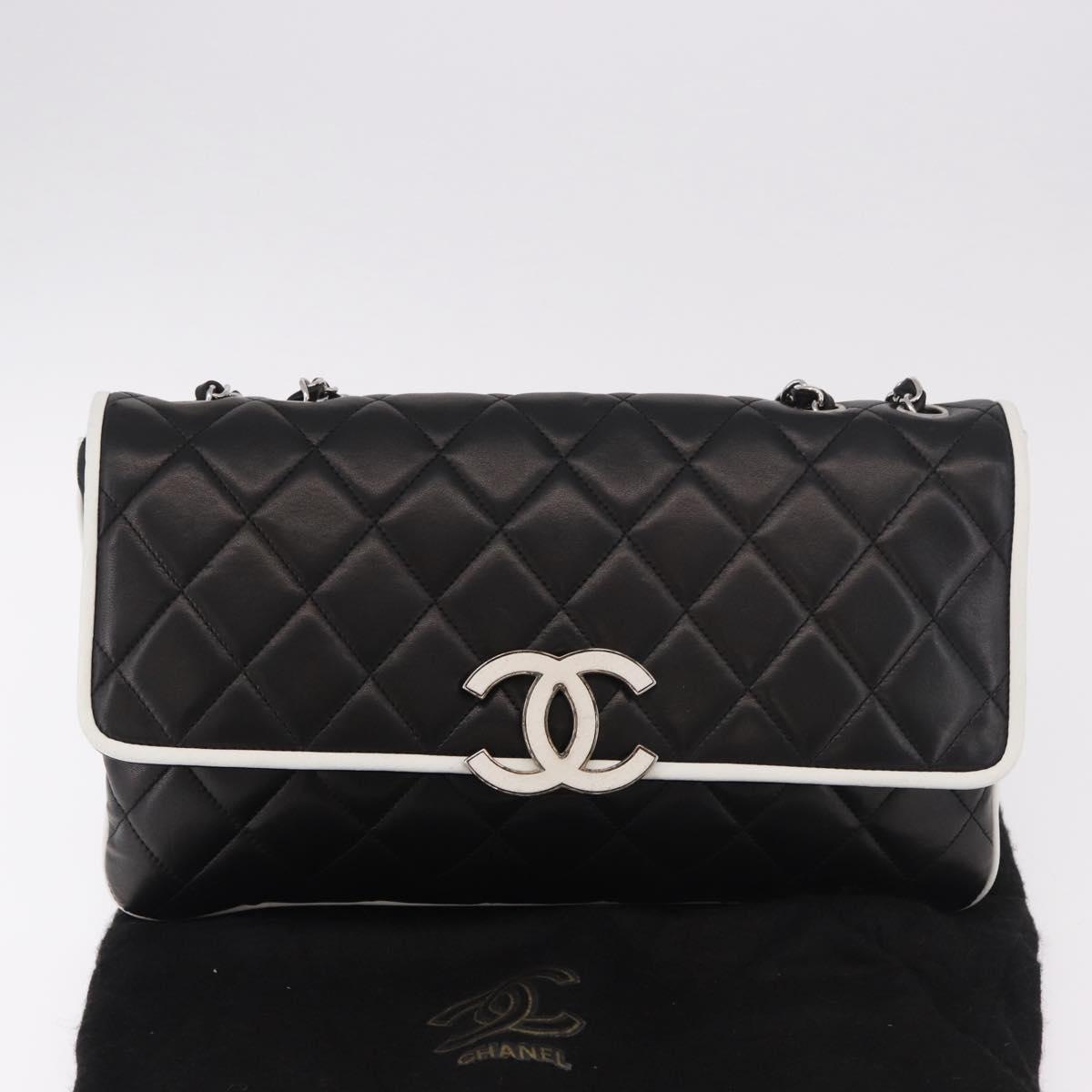 CHANEL Chain Matelasse Shoulder Bag Lamb Skin Black Silver CC Auth 184814SAV
