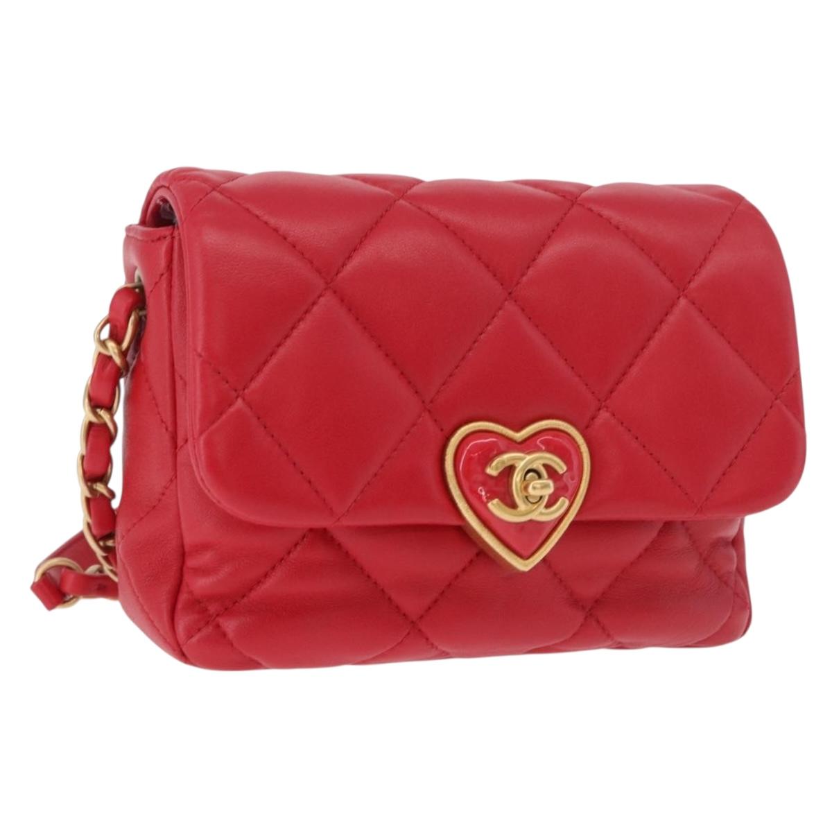 CHANEL Mini Matelasse 17 Chain Shoulder Bag Lamb Skin Red Gold CC Auth 184820SM