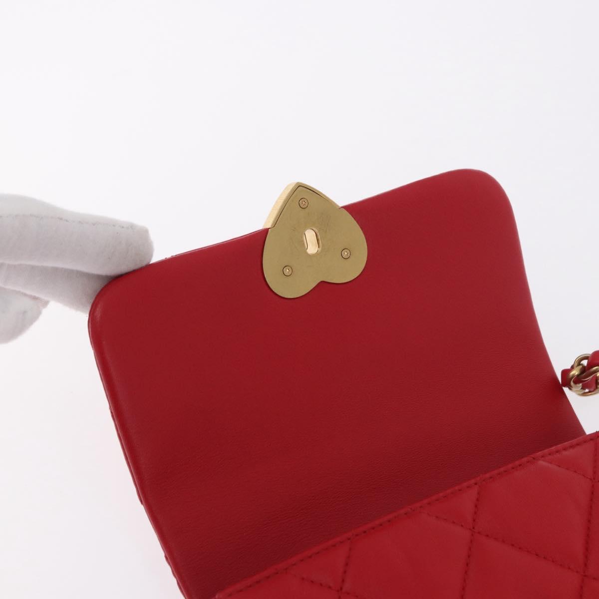 CHANEL Mini Matelasse 17 Chain Shoulder Bag Lamb Skin Red Gold CC Auth 184820SM