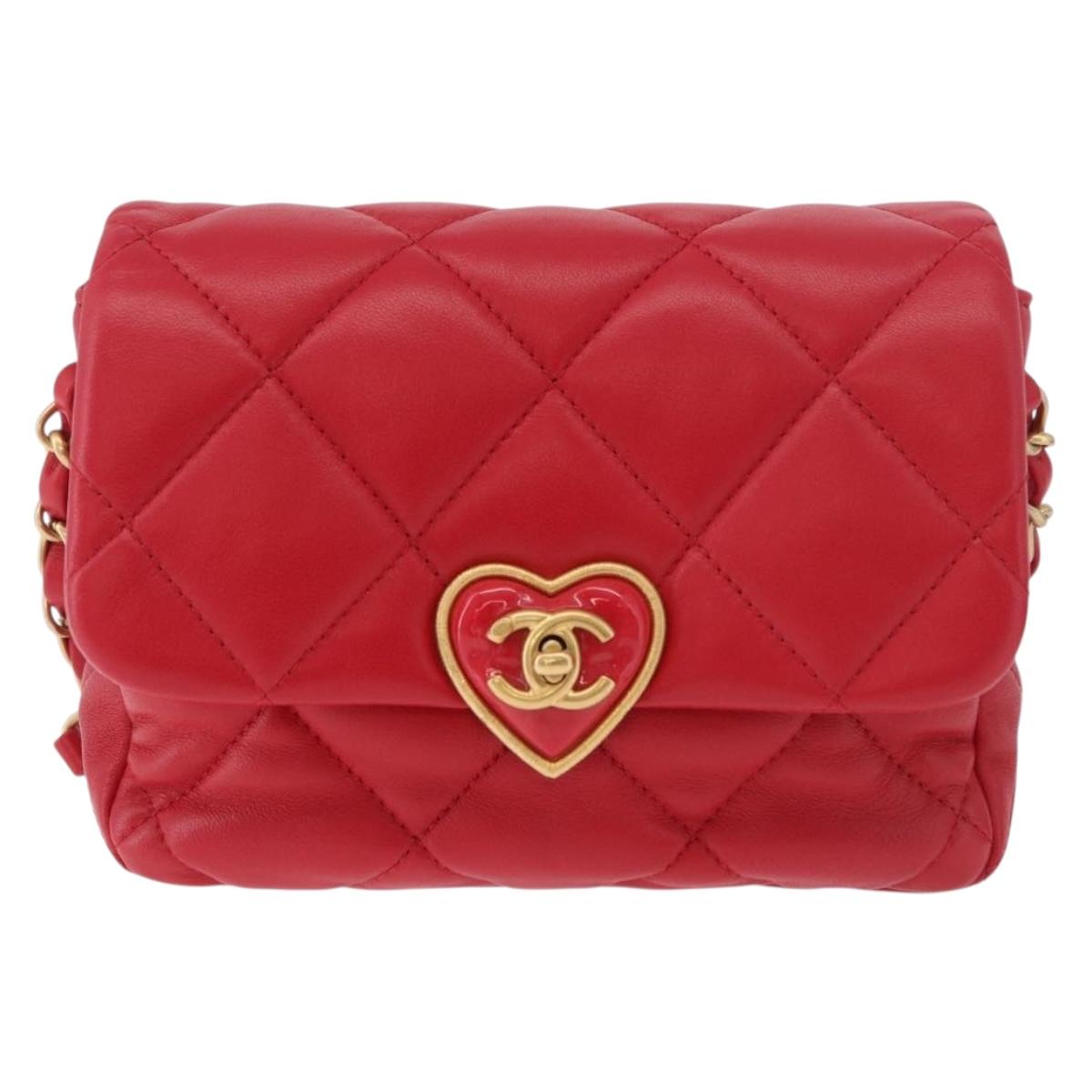 CHANEL Mini Matelasse 17 Chain Shoulder Bag Lamb Skin Red Gold CC Auth 184820SM