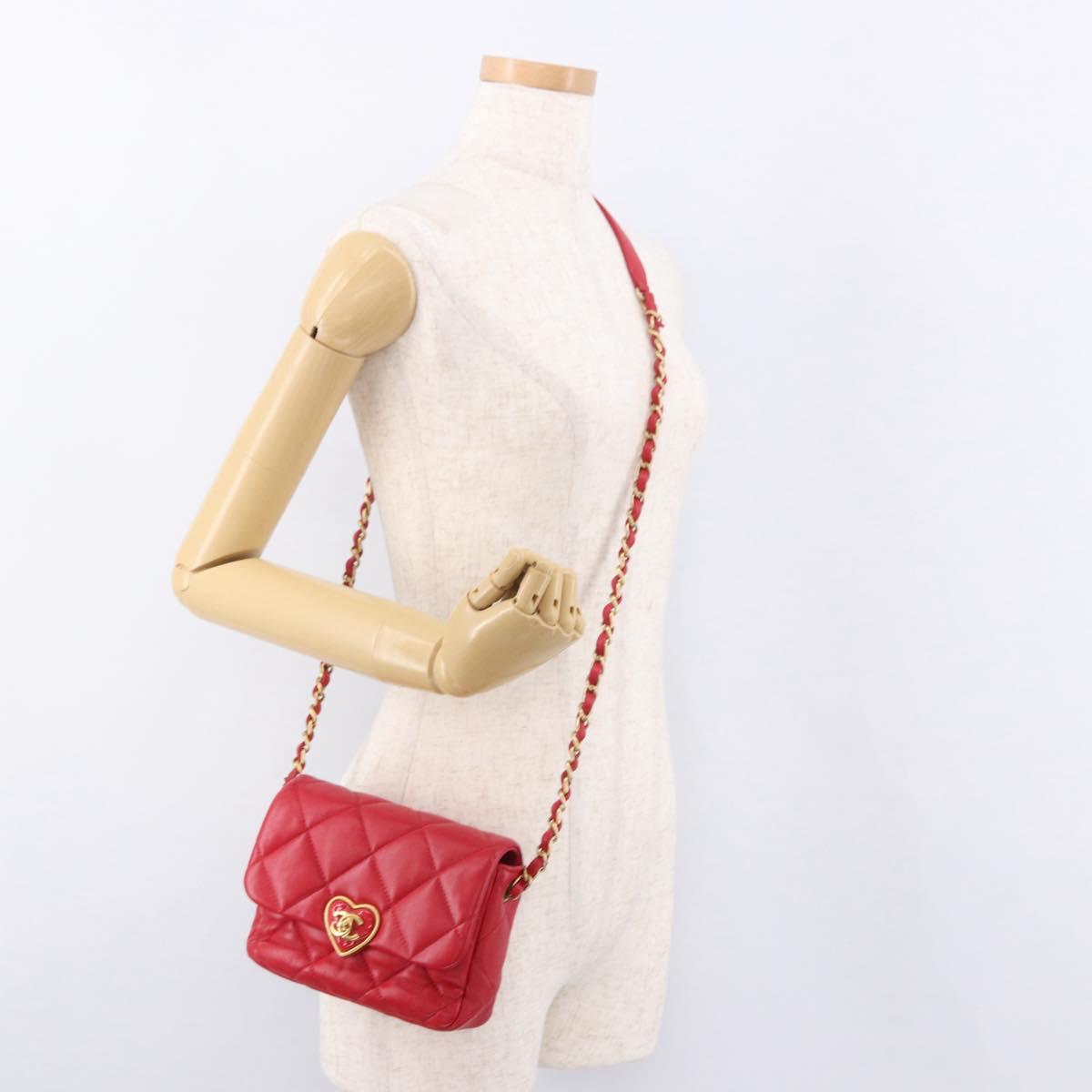 CHANEL Mini Matelasse 17 Chain Shoulder Bag Lamb Skin Red Gold CC Auth 184820SM