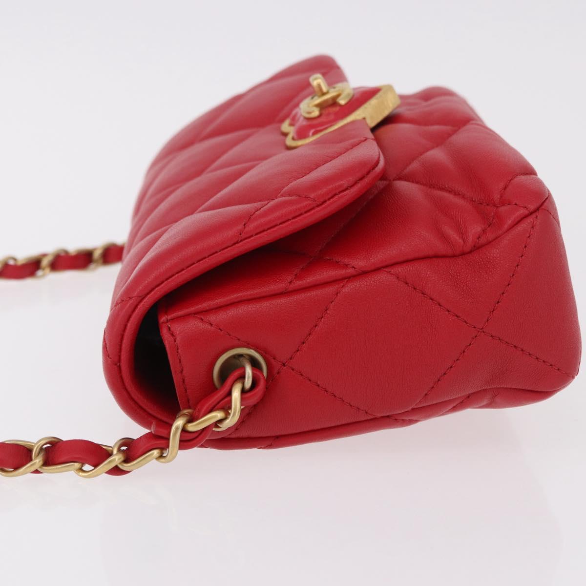 CHANEL Mini Matelasse 17 Chain Shoulder Bag Lamb Skin Red Gold CC Auth 184820SM