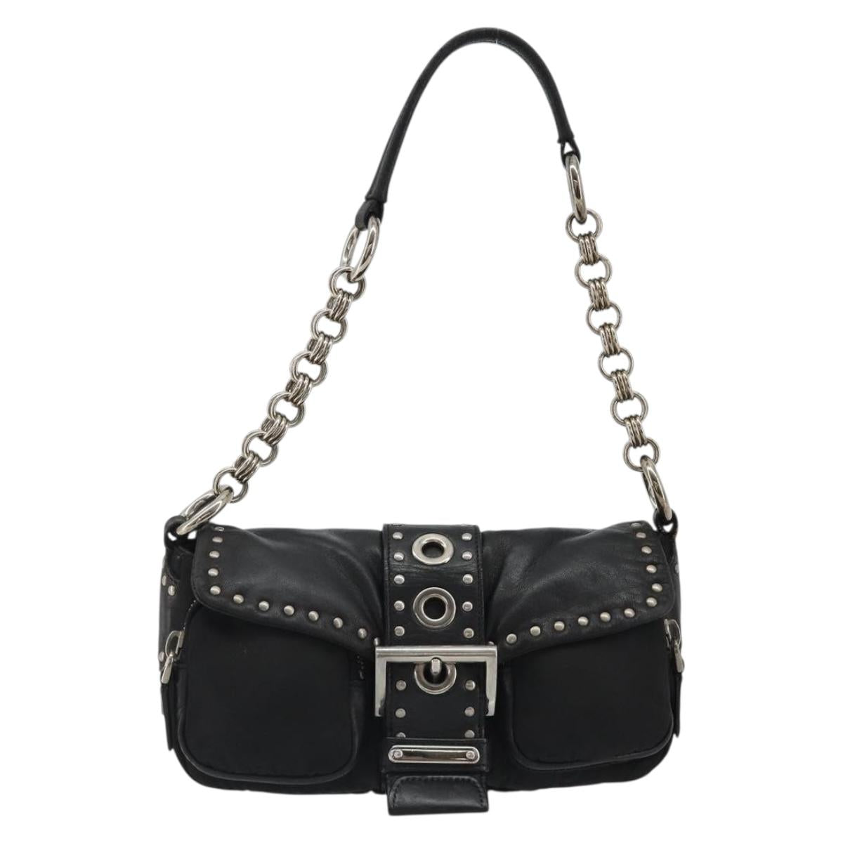 PRADA Chain Shoulder Bag Leather Black Silver Auth 184821V