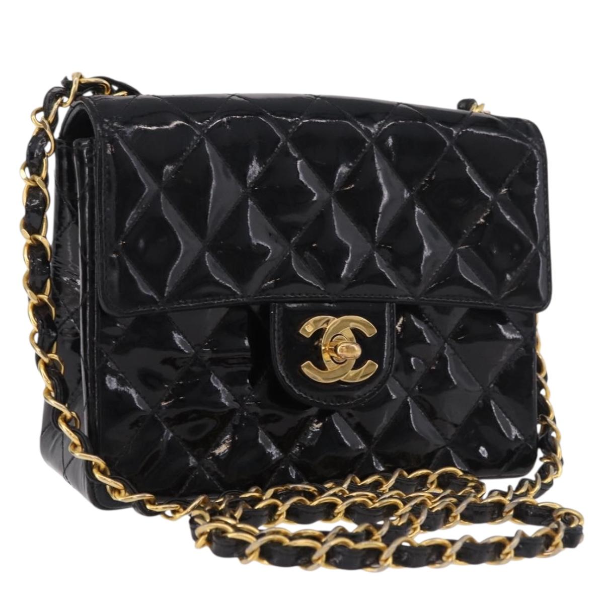CHANEL Mini Matelasse 17 Chain Bag Patent leather Black Gold CC Auth 184825V