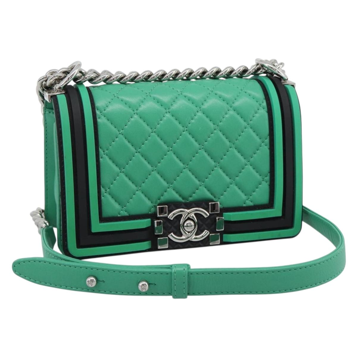 CHANEL Chain Matelasse Boy Chanel Bag Lamb Skin Green Silver CC Auth 184844SM
