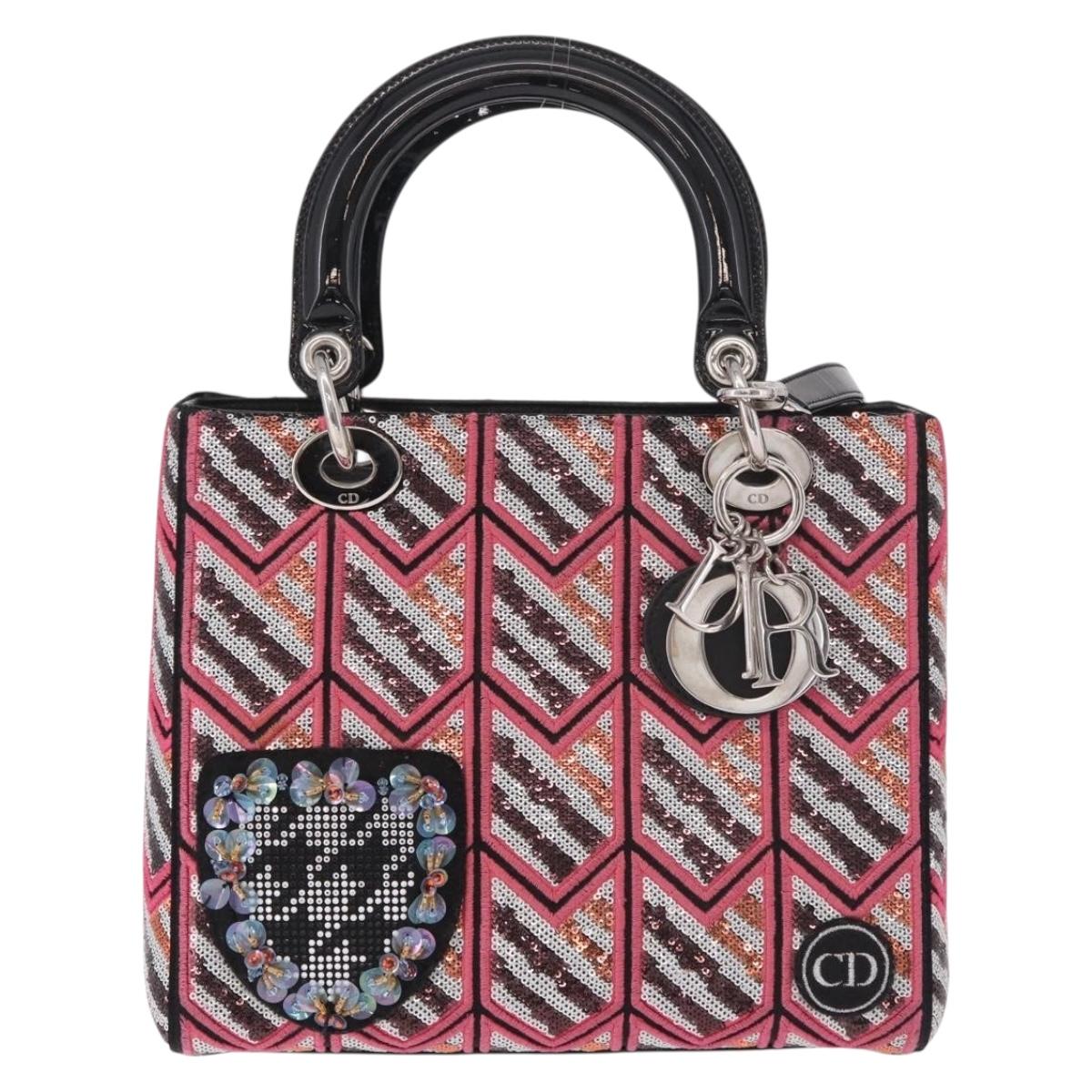 Christian Dior Canage Lady Dior Tote Bag Sequin 2way Pink Silver Auth 184845SM