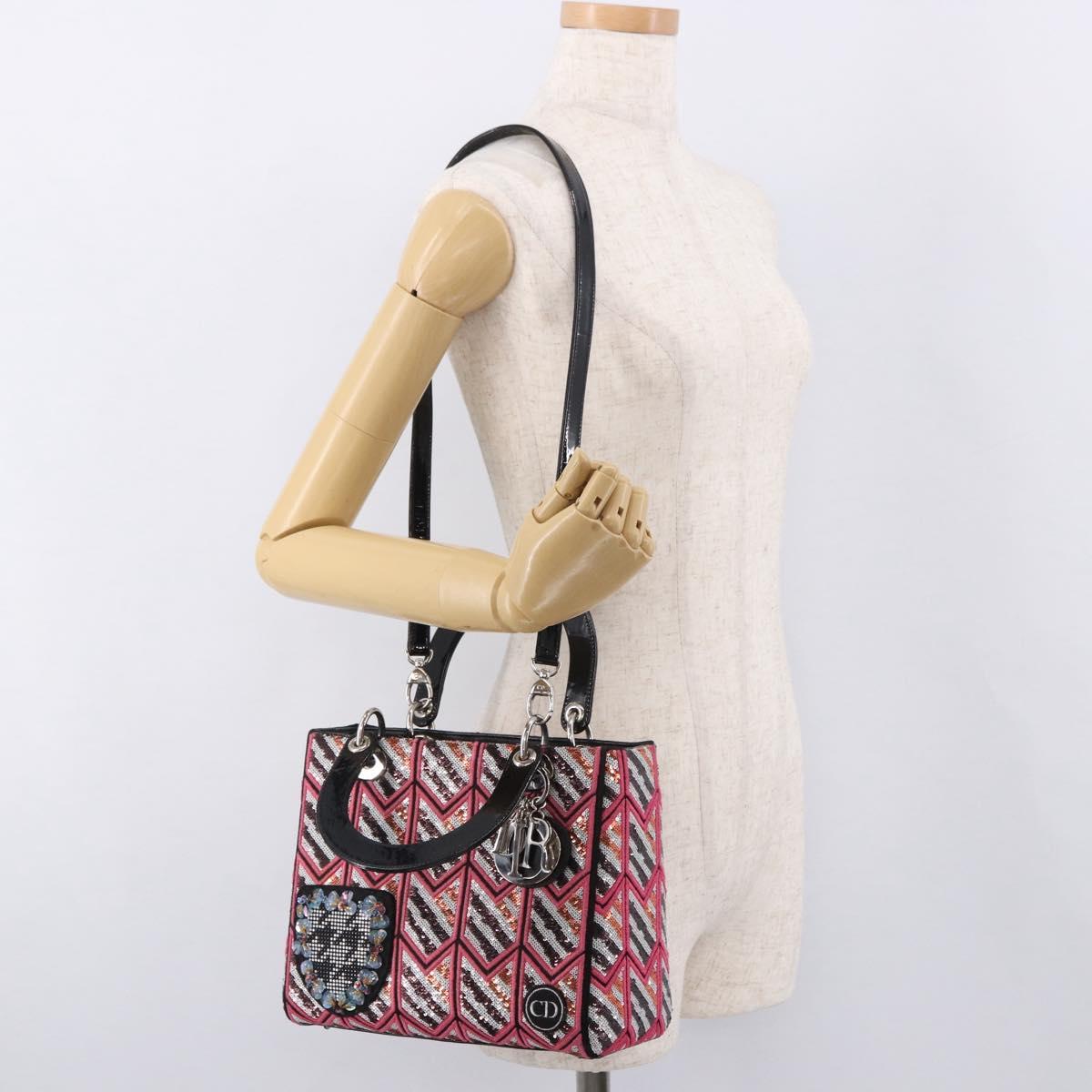 Christian Dior Canage Lady Dior Tote Bag Sequin 2way Pink Silver Auth 184845SM