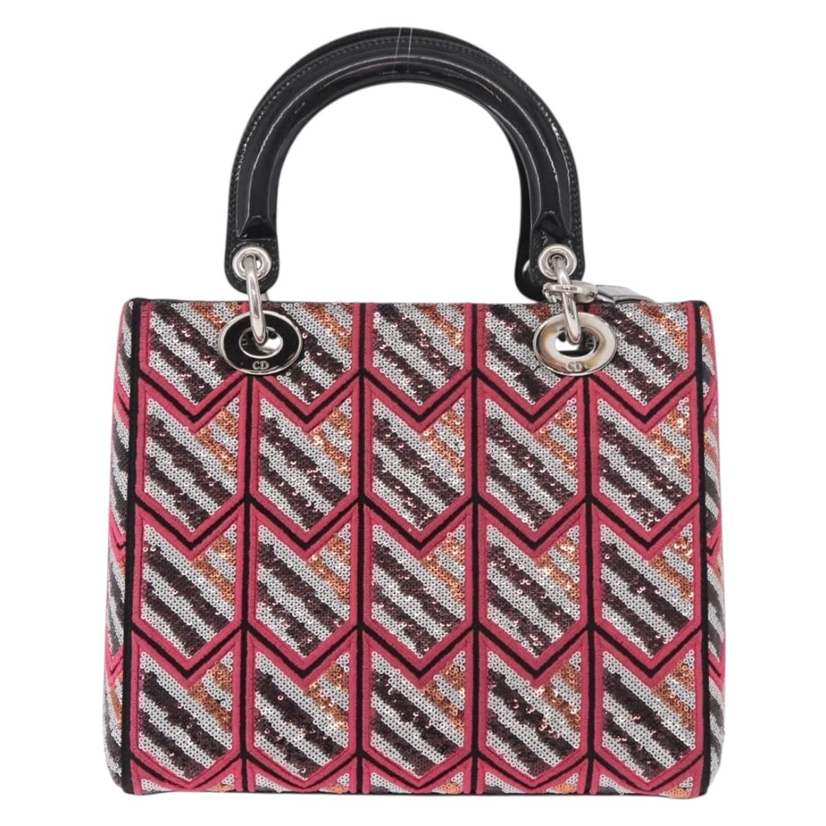 Christian Dior Canage Lady Dior Tote Bag Sequin 2way Pink Silver Auth 184845SM