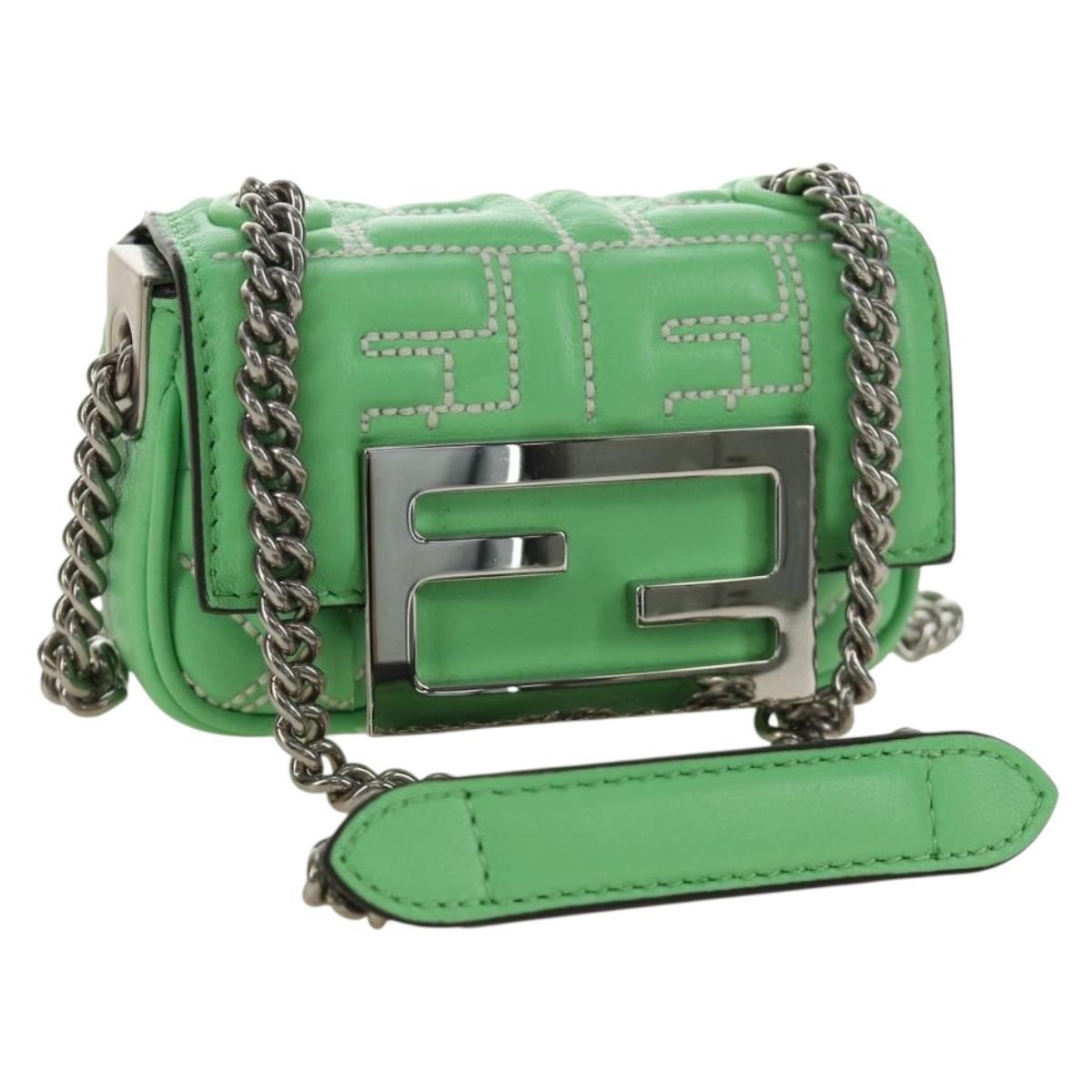FENDI Nano Baguette Chain Shoulder Pouch Leather 2way green Auth 184863SAM