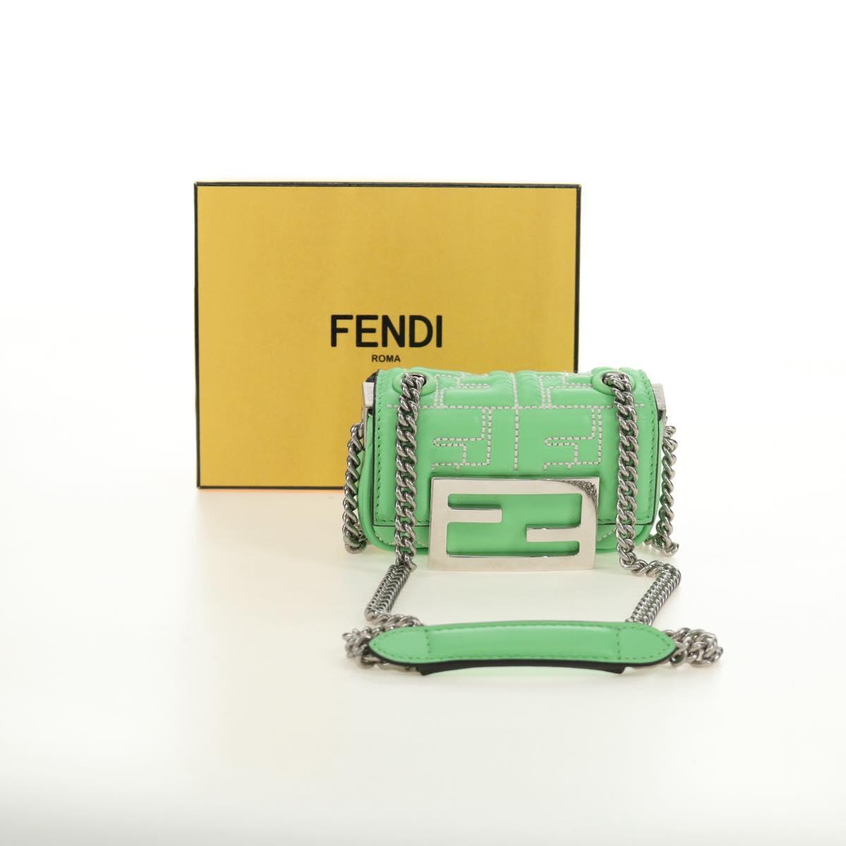 FENDI Nano Baguette Chain Shoulder Pouch Leather 2way green Auth 184863SAM