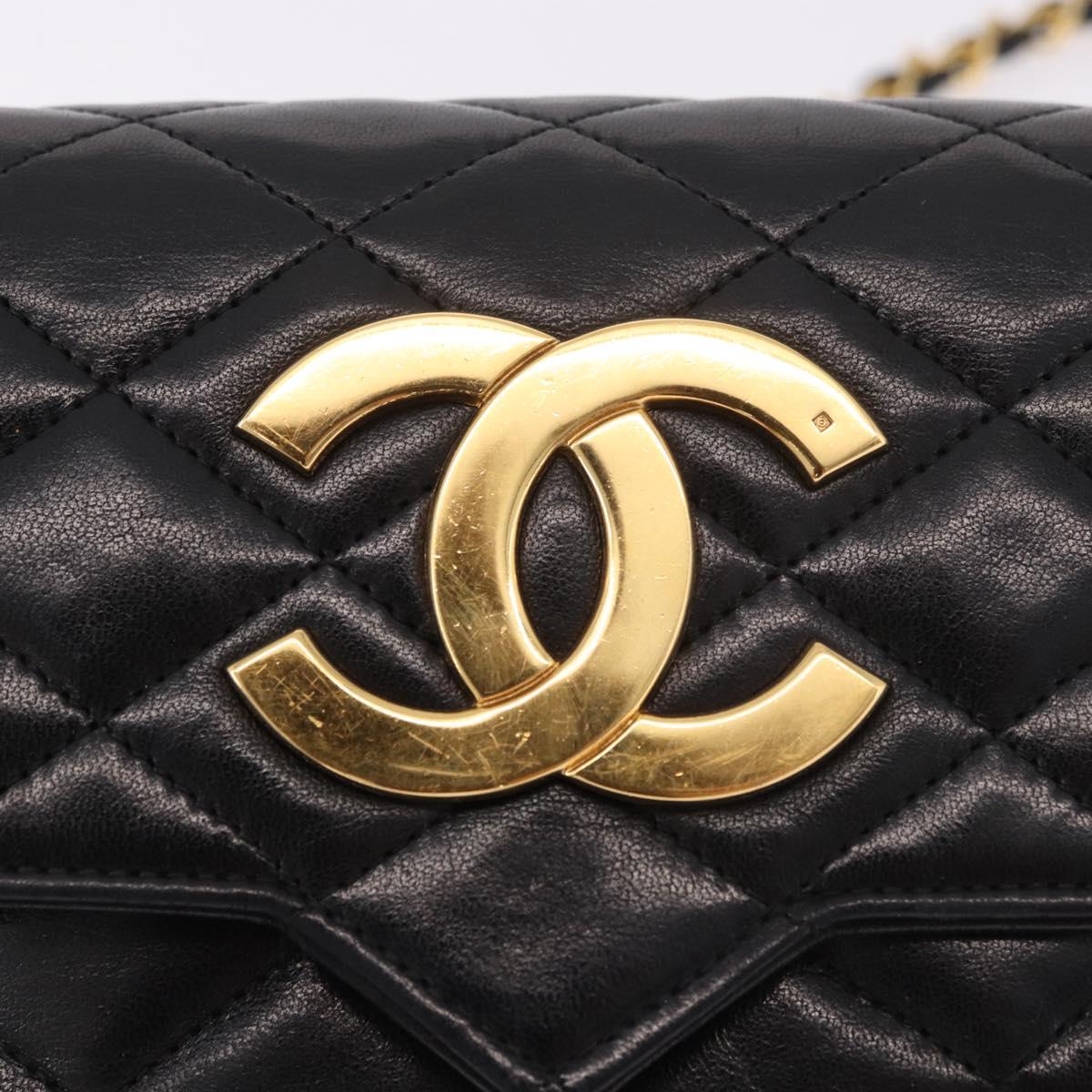 CHANEL Matelasse Chain Shoulder Bag Lamb Skin Black Gold CC Auth 184866M