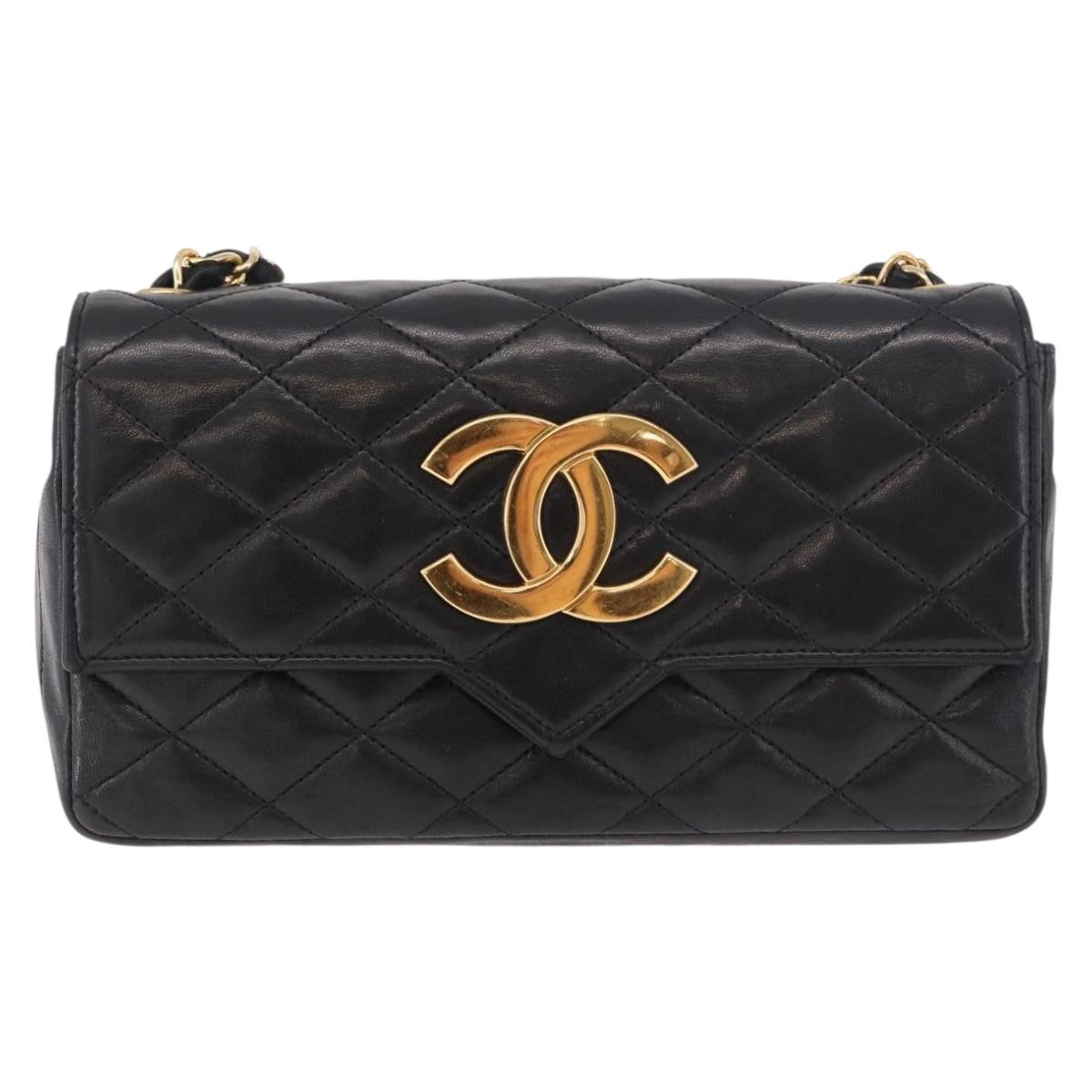 CHANEL Matelasse Chain Shoulder Bag Lamb Skin Black Gold CC Auth 184866M