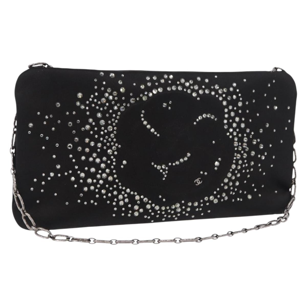 CHANEL Camelia Chain Shoulder Bag Satin Black Silver CC Auth 184869SM