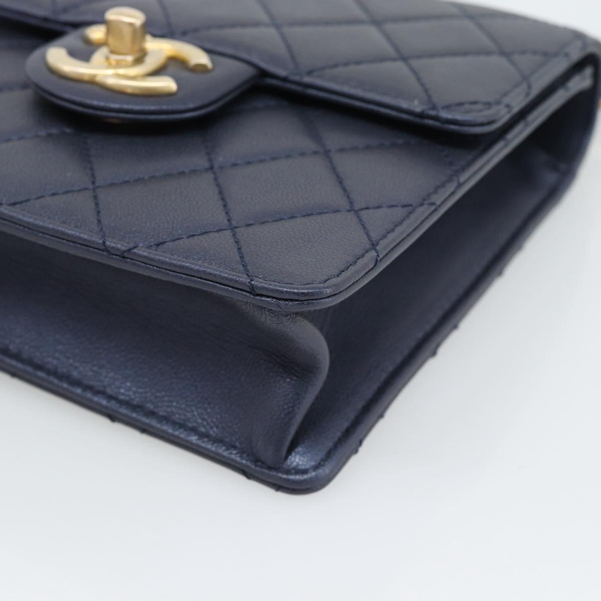 CHANEL Matelasse Shoulder Bag Lamb Skin Navy Gold CC Auth 184896SAM