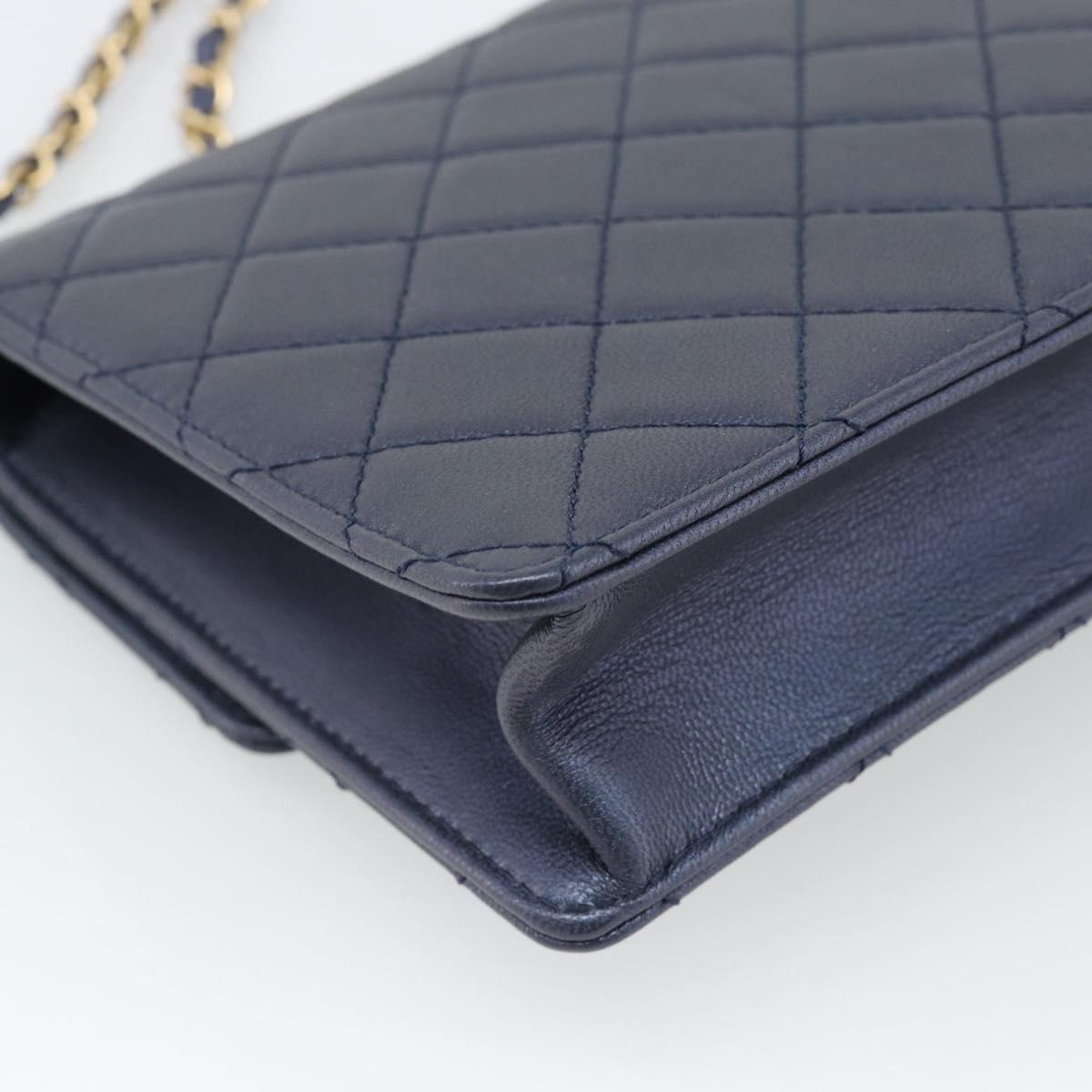 CHANEL Matelasse Shoulder Bag Lamb Skin Navy Gold CC Auth 184896SAM