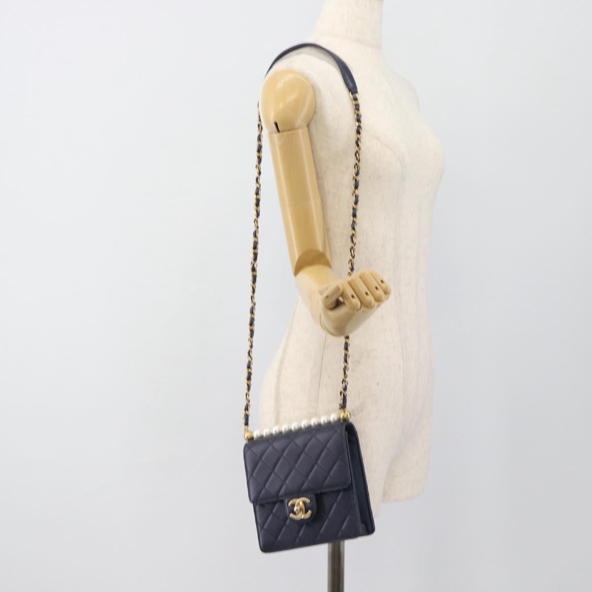 CHANEL Matelasse Shoulder Bag Lamb Skin Navy Gold CC Auth 184896SAM