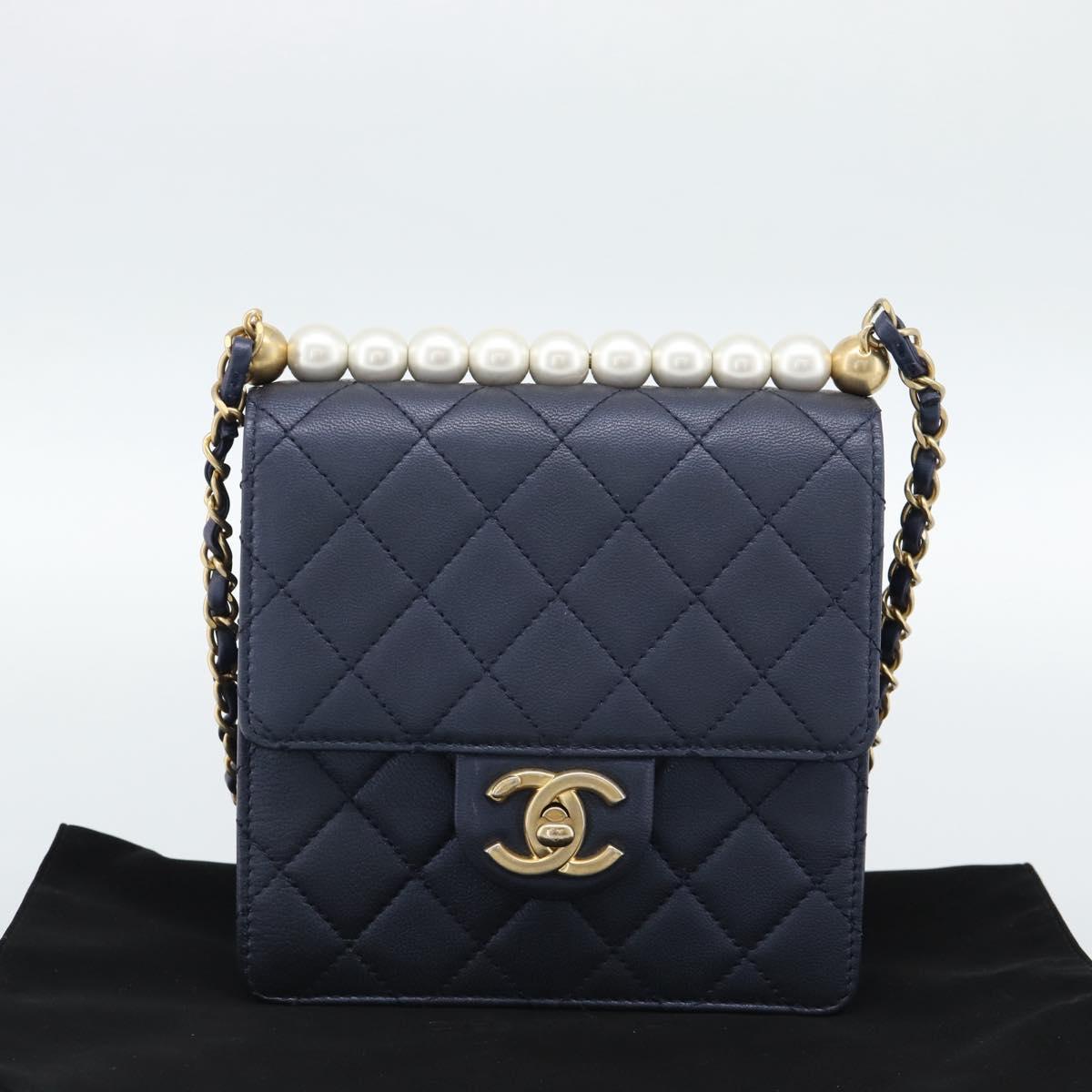 CHANEL Matelasse Shoulder Bag Lamb Skin Navy Gold CC Auth 184896SAM