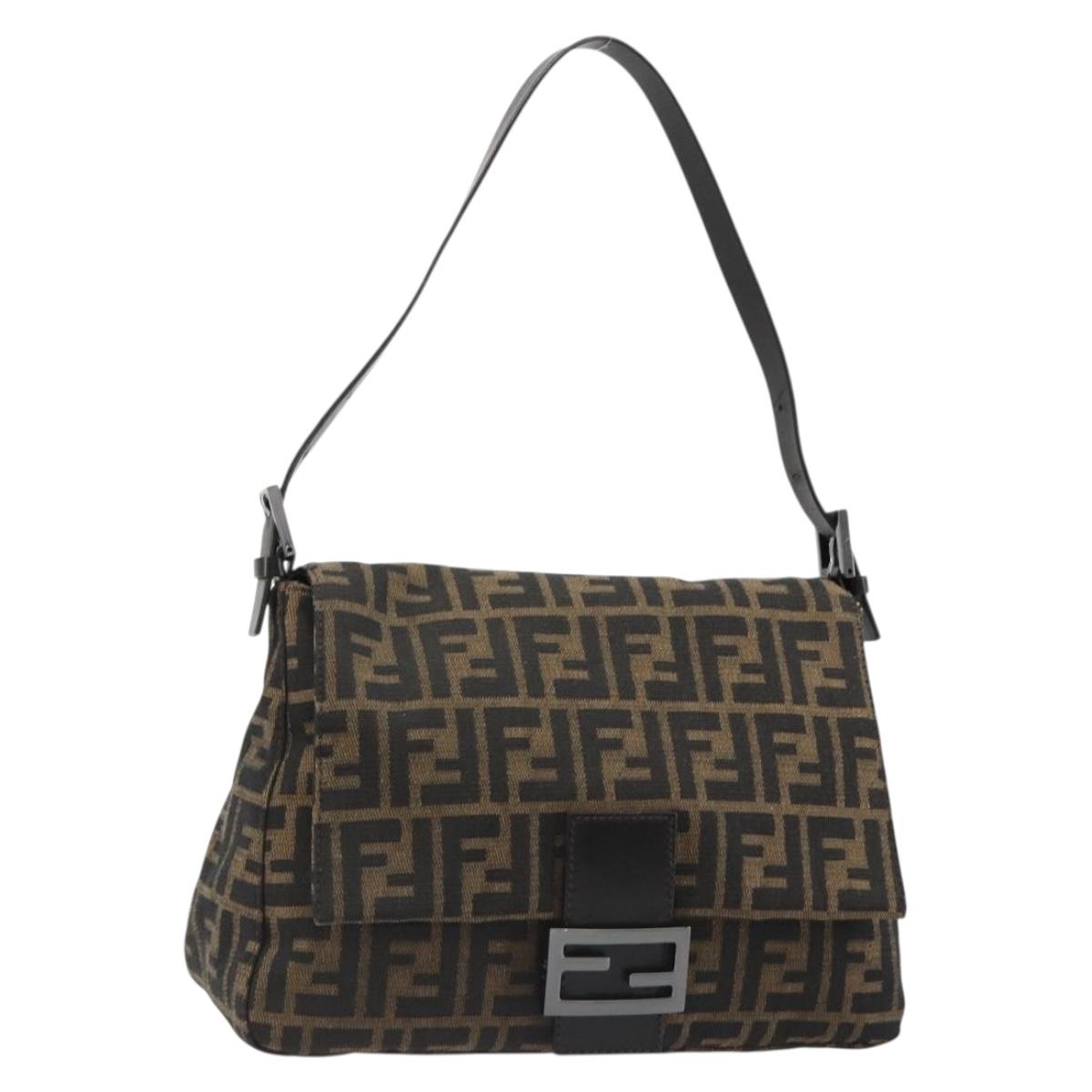 FENDI Zucca Canvas Mamma Baguette Shoulder Bag Black Brown Auth 184903SAM