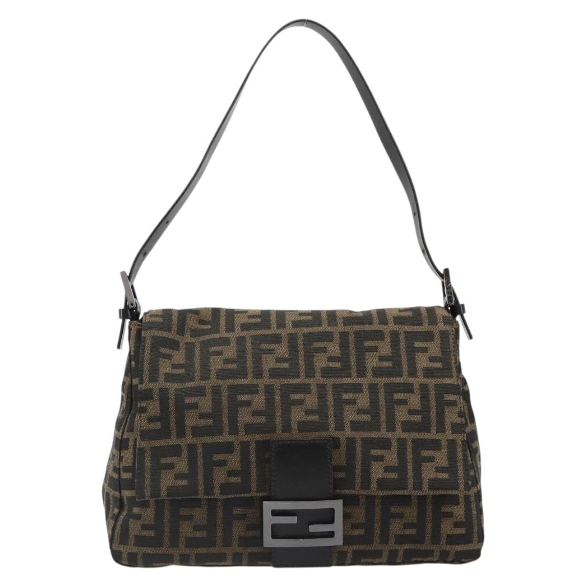 FENDI Zucca Canvas Mamma Baguette Shoulder Bag Black Brown Auth 184903SAM