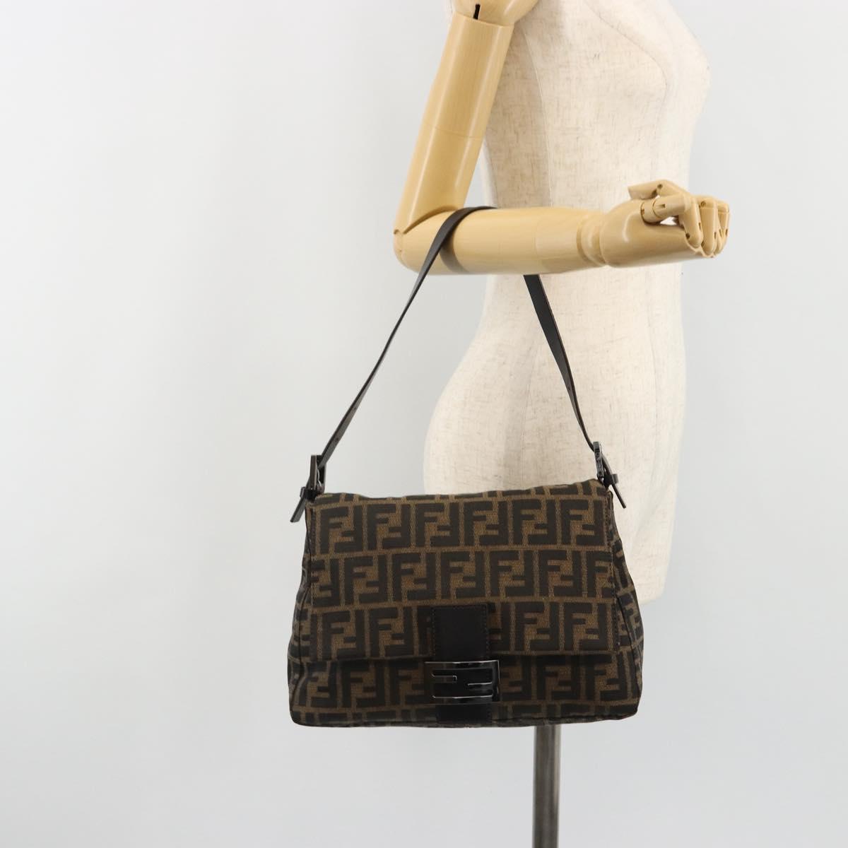 FENDI Zucca Canvas Mamma Baguette Shoulder Bag Black Brown Auth 184903SAM