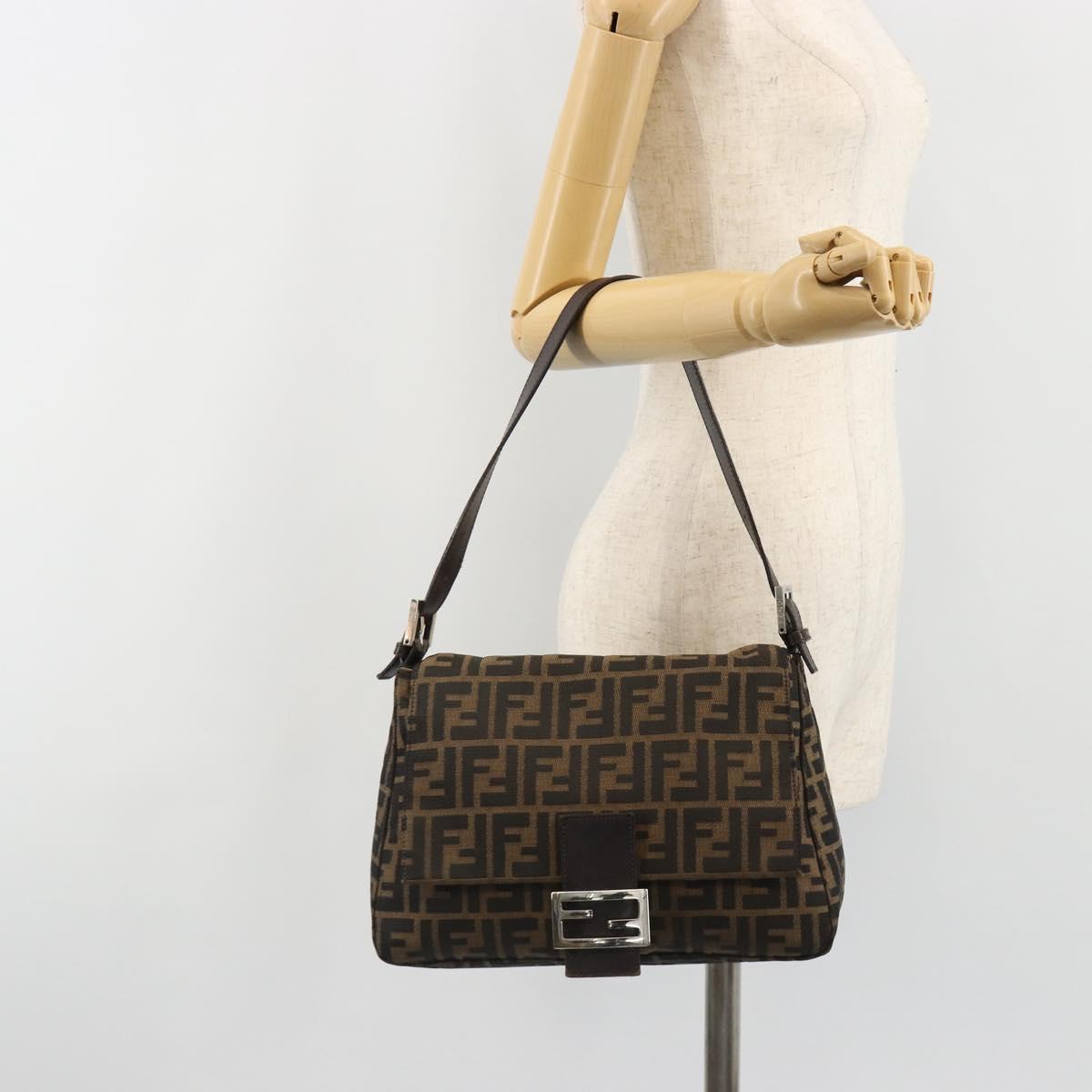 FENDI Zucca Canvas Mamma Baguette Shoulder Bag Black Brown Auth 184905SAM