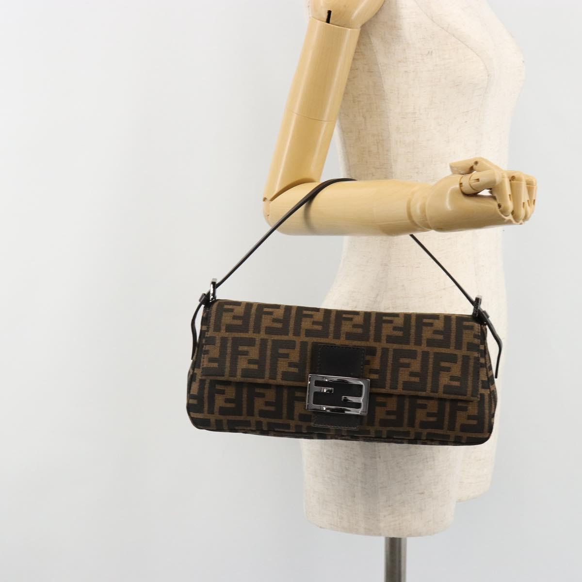 FENDI Zucca Canvas Mamma Baguette Shoulder Bag Black Brown Auth 184907SAM