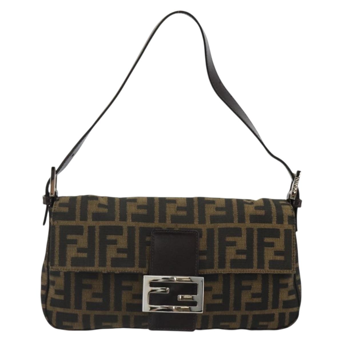 FENDI Zucca Canvas Mamma Baguette Shoulder Bag Black Brown Auth 184908SAM