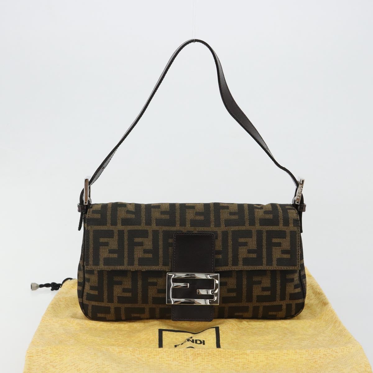 FENDI Zucca Canvas Mamma Baguette Shoulder Bag Black Brown Auth 184908SAM