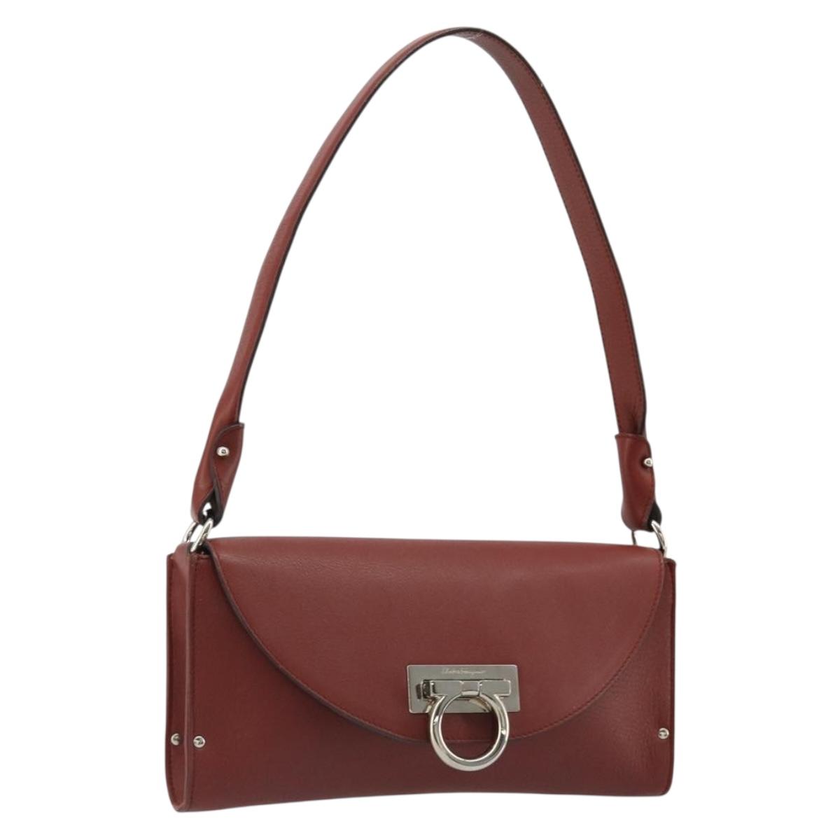 Salvatore Ferragamo Gancini Shoulder Bag Leather Brown Silver Auth 184909A