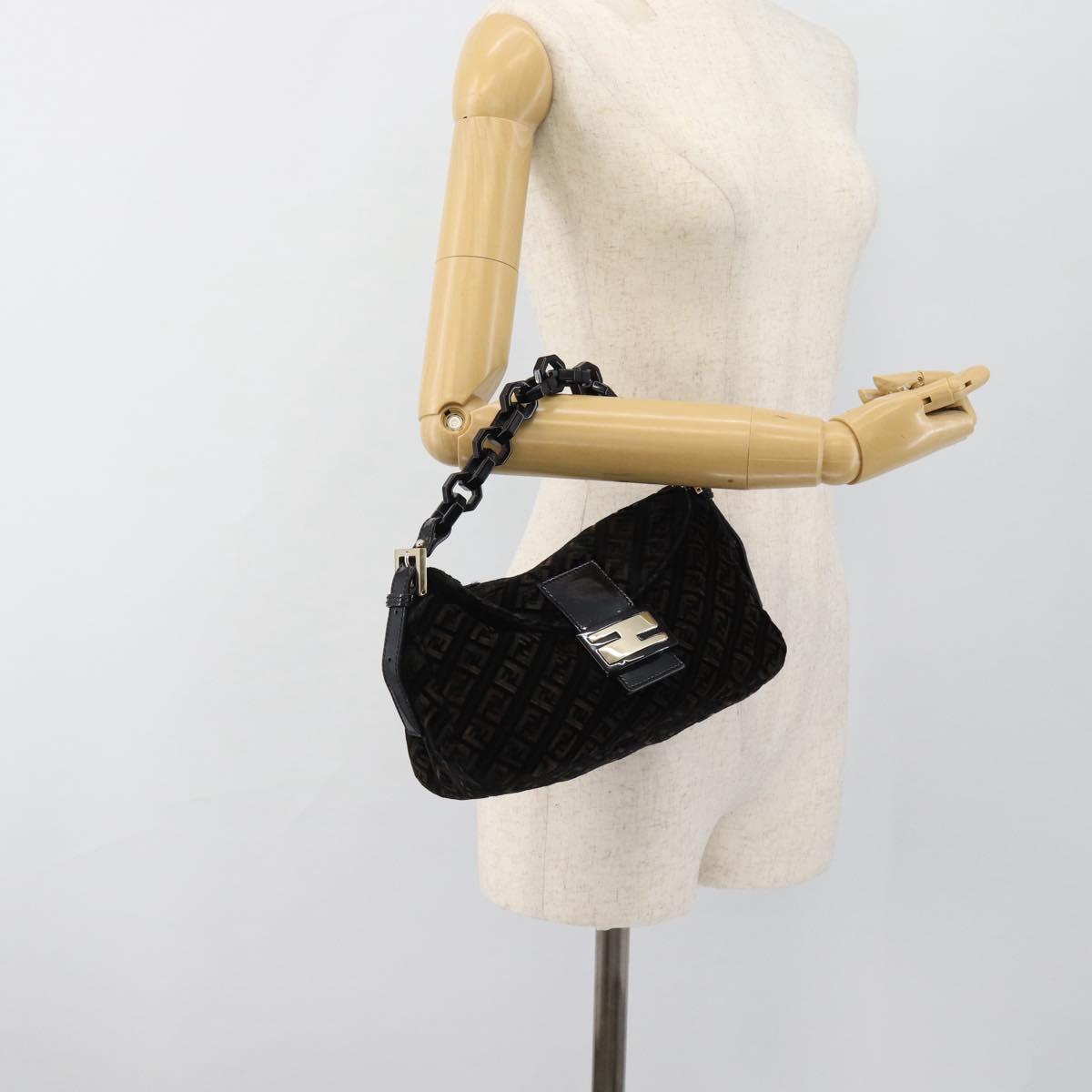 FENDI Zucchino Canvas Chain Mamma Baguette Bag Velor Black Gold Auth 184912
